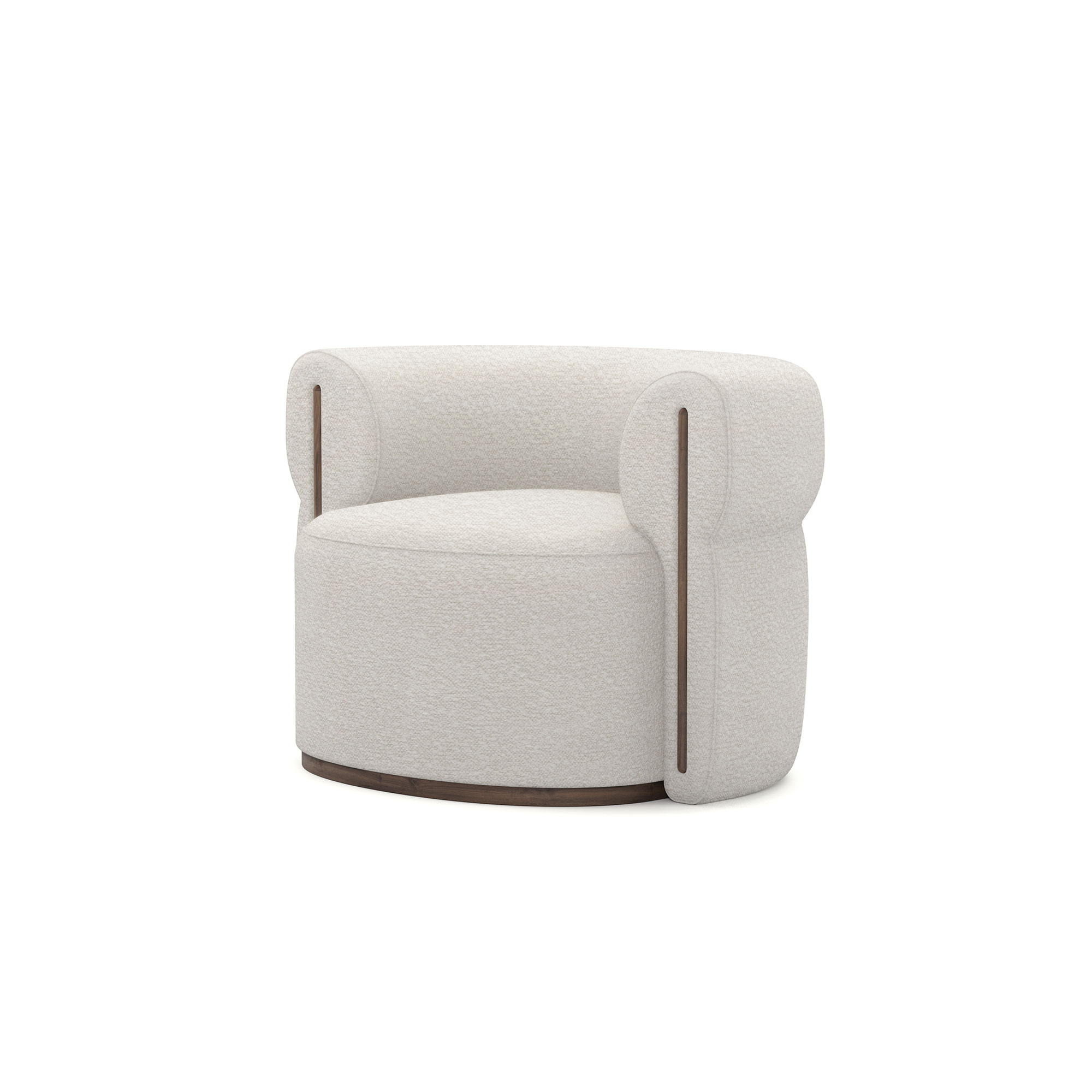 Camille Armchair Camille Armchair with rounded back, luxurious fabric upholstery, and walnut accents - 45-degree view