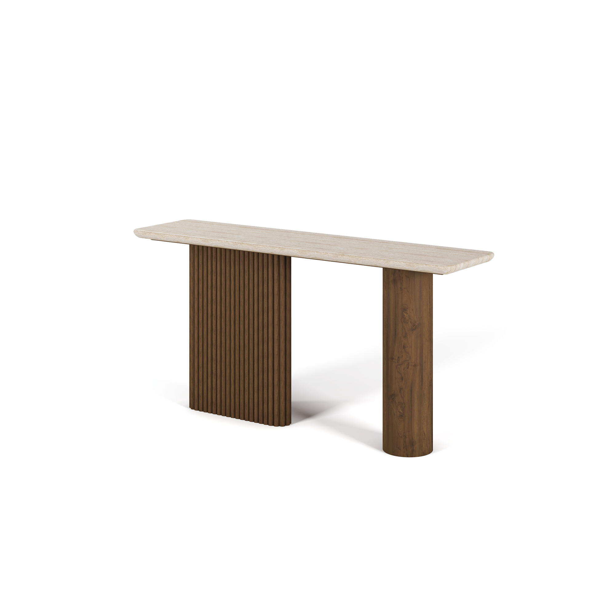 Livia Console A sleek Livia Console with a travertine top and two matte walnut legs, one of which is ribbed. The console combines natural elegance with modern design.