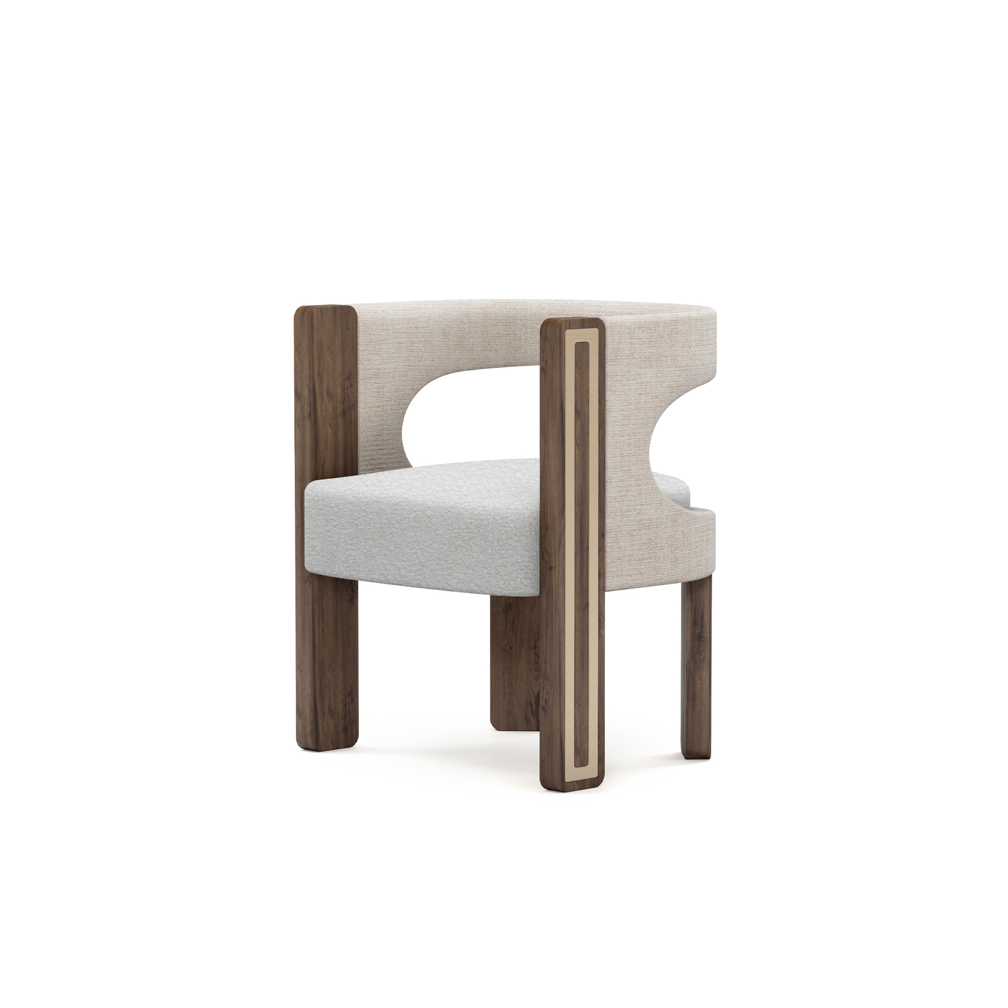 Goldie Dining Chair A sophisticated Goldie Dining Chair with walnut matte legs featuring polished brass details, and upholstered in a combination of linen fabric and boucle for added comfort.