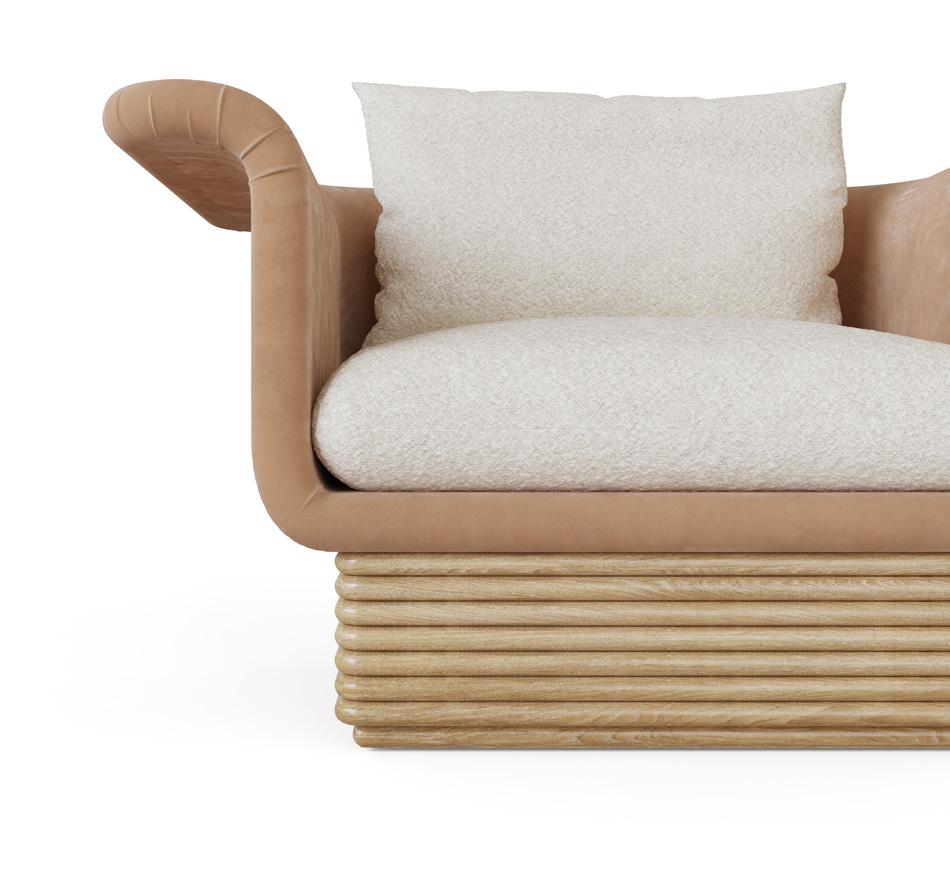 Isabella Armchair by Nolita Harbour, featuring oak layered base and upholstery in boucle and premium velvet, showcasing organic shape and luxury