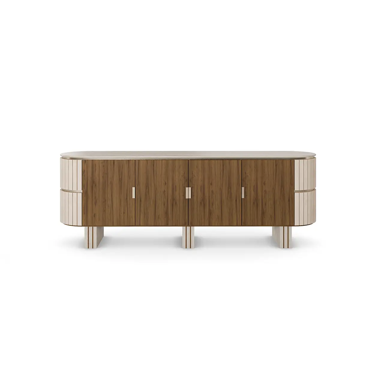 Peter sideboard Luxury sideboard with travertine top, walnut wood, rounded lines, velvet-covered sides, and three legs, designed by Nolita Harbour. front view