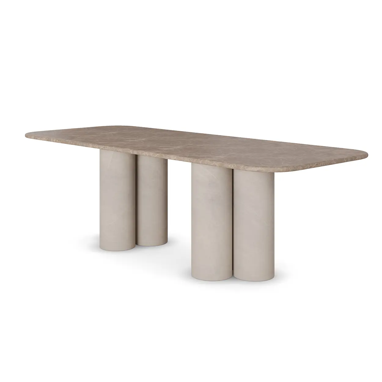 dining-table-45dg Luxury dining table with Light Emperador marble top and cylindrical marble legs, featuring a minimalistic and elegant design, by Nolita Harbour. 45 degree