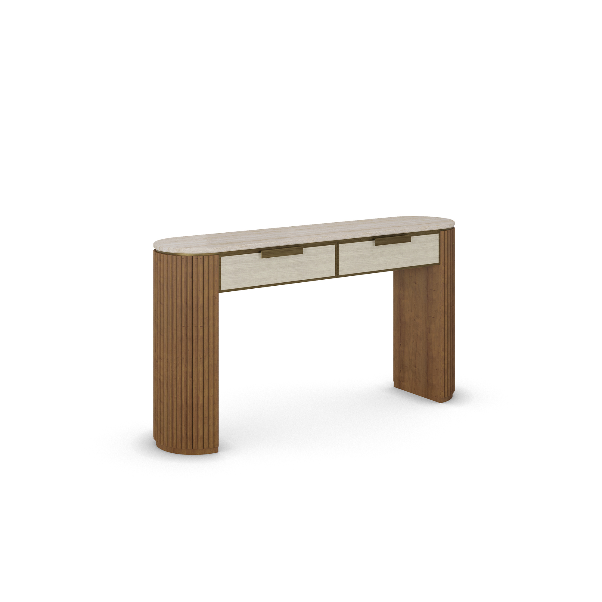 Harper Console Harper console table with varnished oak finish, travertine top, two drawers, and ribbed wooden legs on both sides.45 degree view