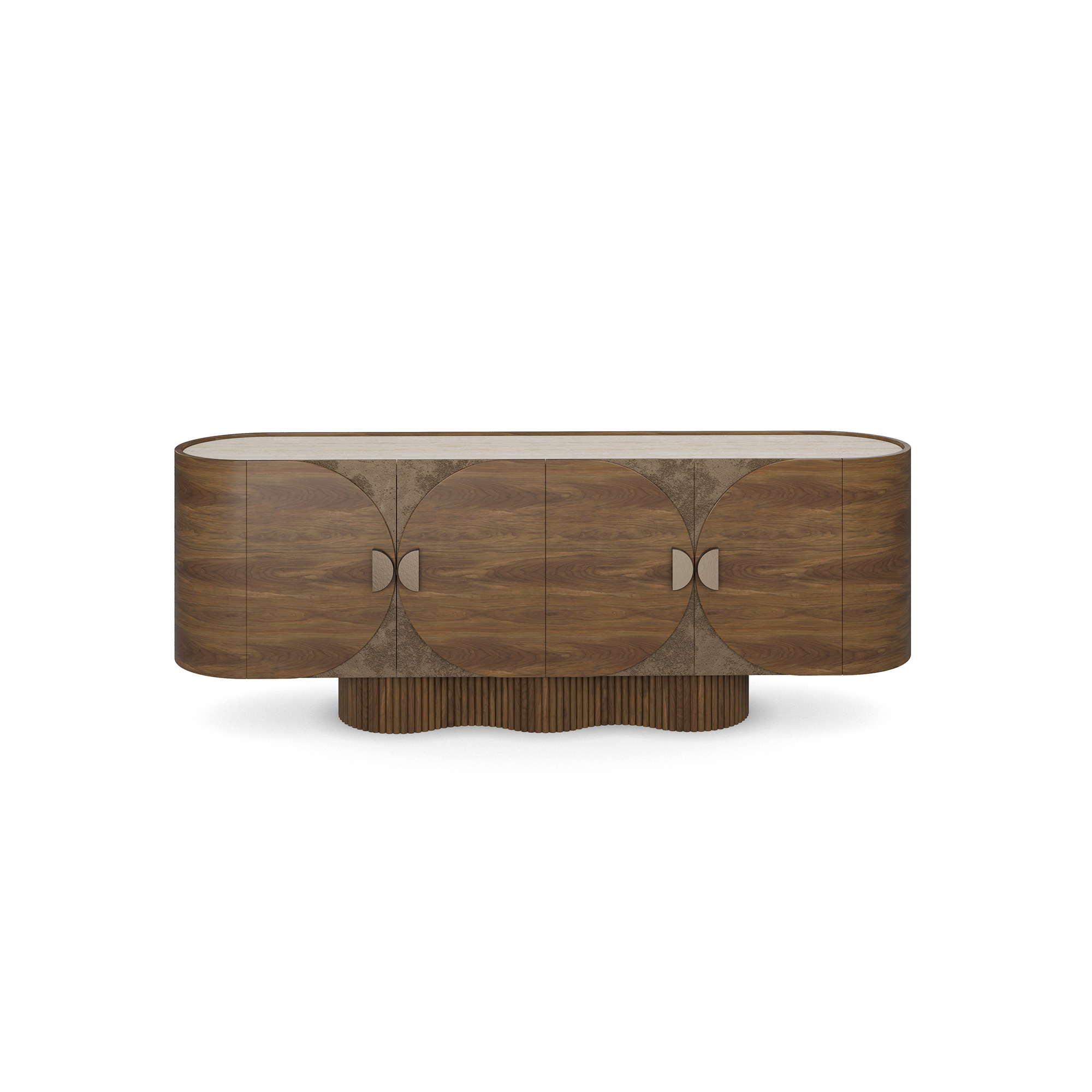 Ninon Sideboard Ninon walnut sideboard with travertine top, ribbed base, and brass handles. Front view