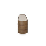 Ninon walnut sideboard with travertine top, ribbed base, and brass handles. Side View