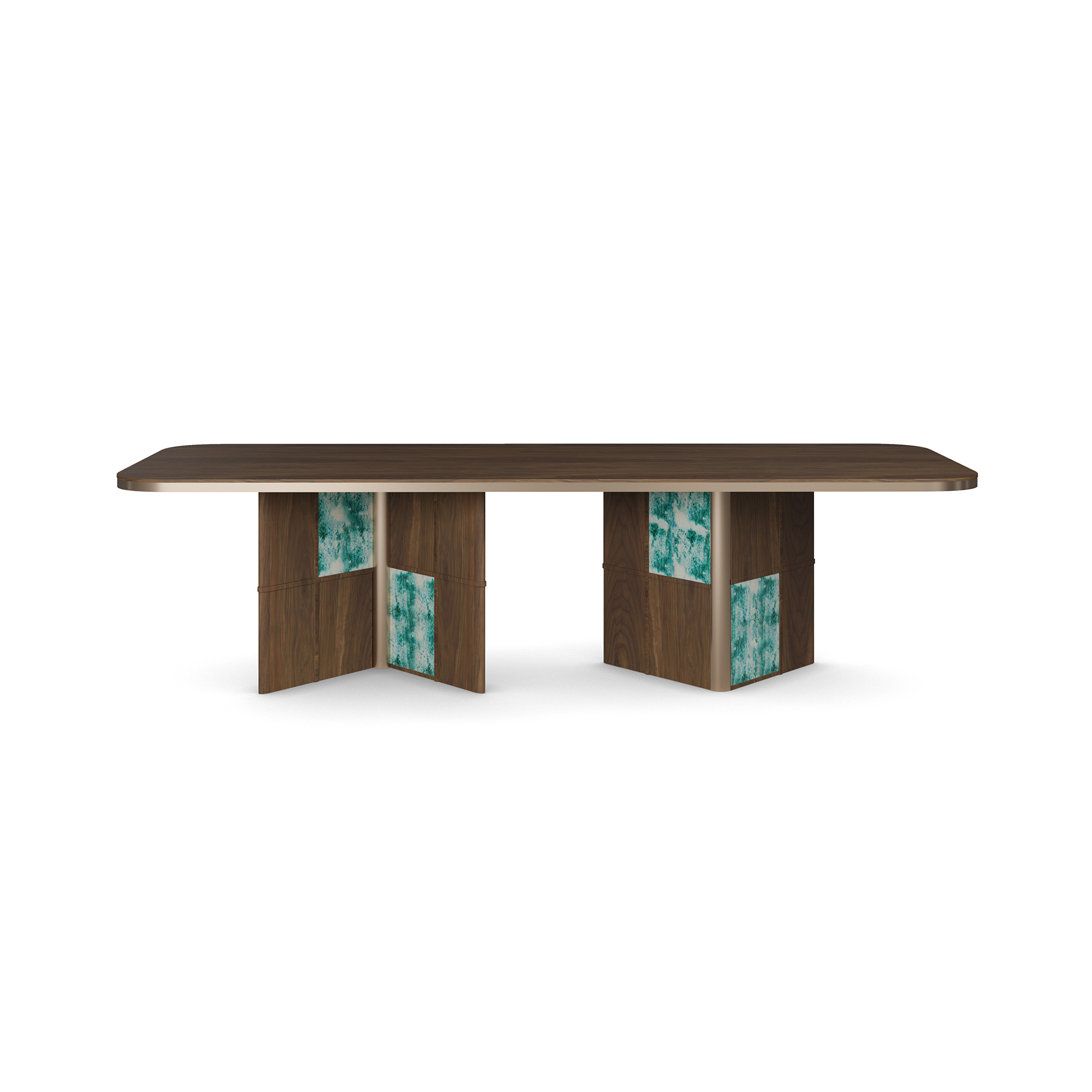 Axelle-DINING-TABLE2-FRONT-NOLITA-HARBOUR Contemporary dining table with a walnut tabletop, ceramic-accented legs in green, and brass tubing details, designed by Nolita Harbour. Side view