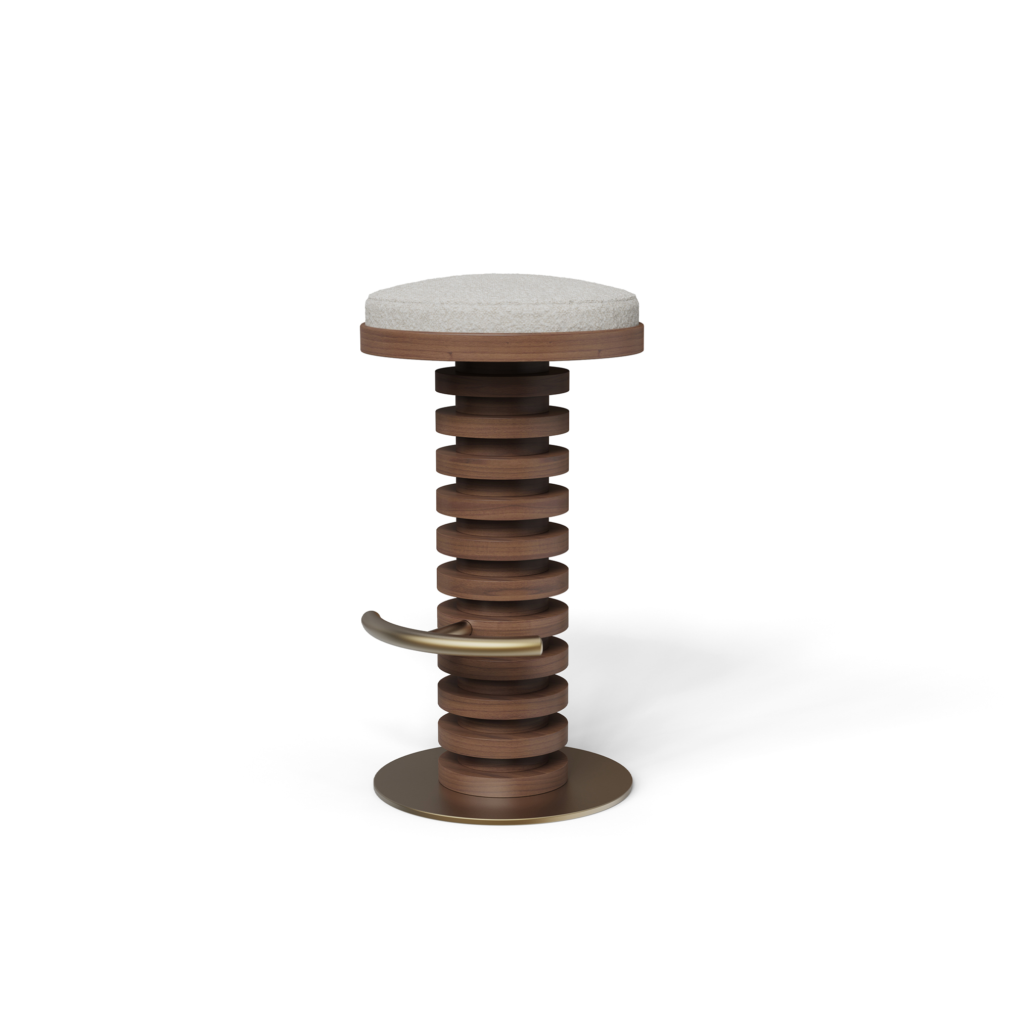 Lola-bar-chair-NOLITA-HARBOUR Lola Bar Chair by Nolita Harbour – A modern bar chair featuring a walnut wood frame with layered detailing, an upholstered seat, and a brass base with footrests.