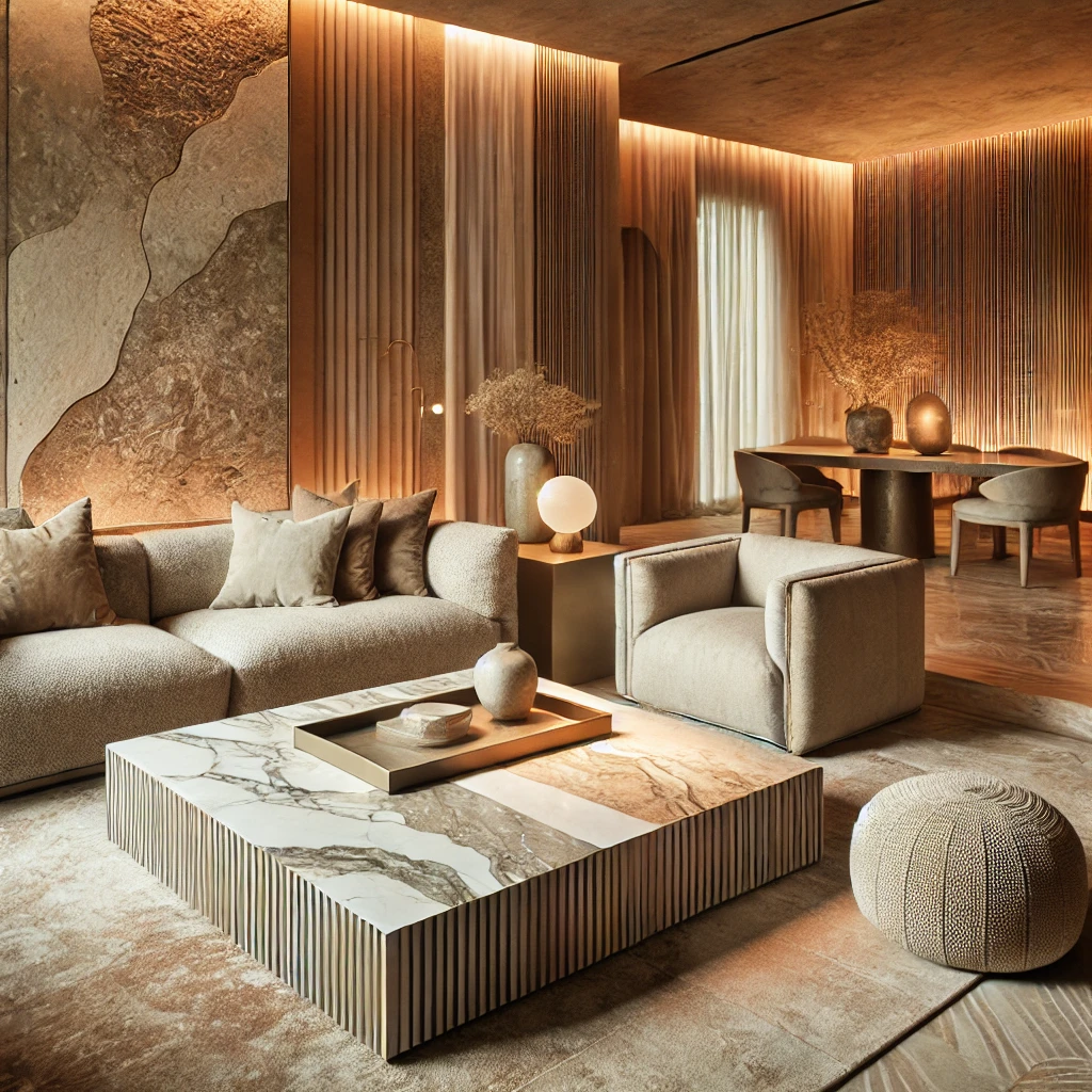 Luxurious modern living room featuring a marble coffee table, textured walls, soft neutral-toned furniture, and warm ambient lighting, creating a sophisticated and inviting atmosphere. - Nolita Harbour 