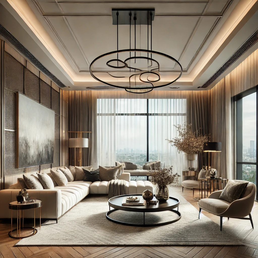 Elegant contemporary living room with a neutral color palette, featuring a plush sectional sofa, modern circular chandelier, floor-to-ceiling windows with city views, and sophisticated décor elements. - Nolita Harbour 