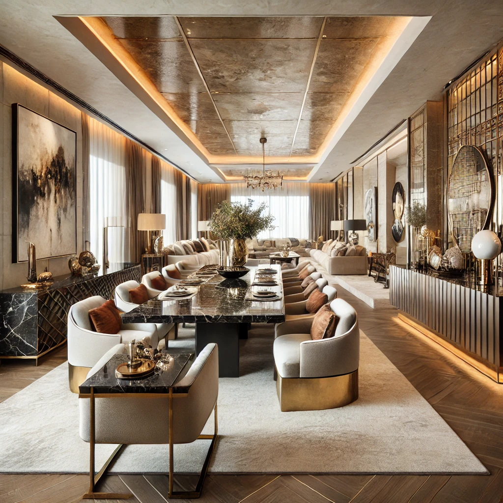 Luxurious open-concept dining and living area with modern, elegant decor featuring a black marble dining table, plush cream chairs with gold accents, soft ambient lighting, and sophisticated artwork on the walls. The space is illuminated by natural light from large windows, complemented by warm recessed ceiling lights and a statement chandelier. - Nolita Harbour 