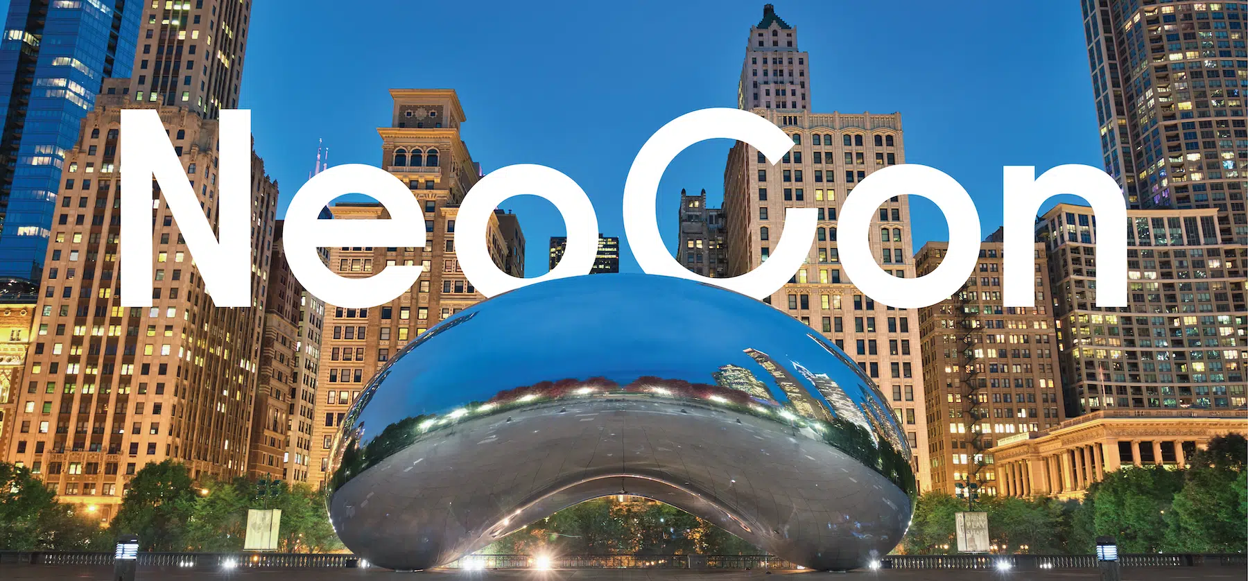 A promotional image for NeoCon, a major design convention in Chicago. The text "NeoCon" is overlaid on an iconic skyline view featuring Cloud Gate (The Bean) and surrounding skyscrapers. - Nolita Harbour