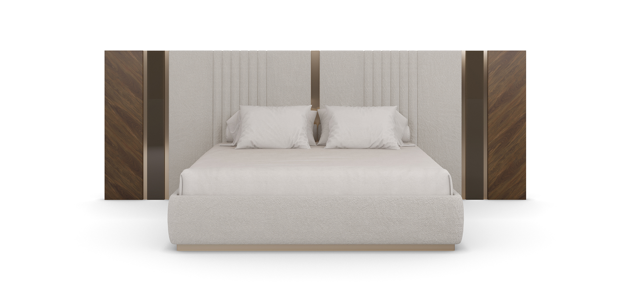 The Sampson bed is a striking statement of contemporary luxury, combining rich textures and refined materials to create a sophisticated sleeping experience. The grand headboard, a fusion of plush beige velvet and vertical paneling, is framed by polished walnut sections that add warmth and depth. Bronze mirror inserts and polished brass accents elevate the design, creating a subtle yet captivating interplay of light and reflections. The upholstered bed frame enhances the sense of comfort while maintaining a sleek, tailored appearance. With its balance of opulence and modernity, the Sampson bed is designed to be the focal point of any bedroom, effortlessly blending timeless elegance with bold architectural details.