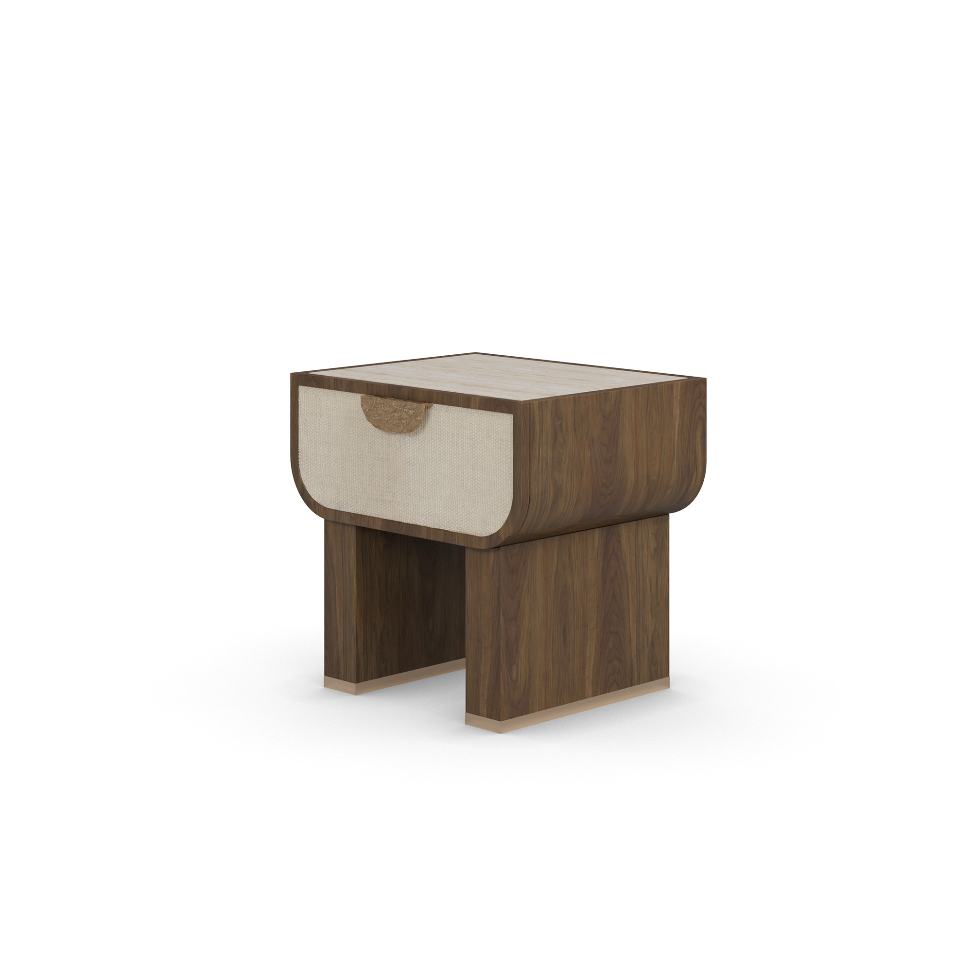 rae-nighstand-45dg-nolita-harbour Rae nightstand with a thick drawer, travertine top, walnut frame, and hammered brass handle.