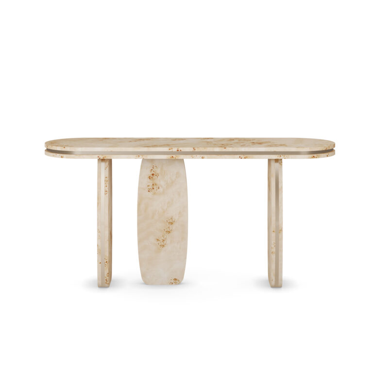 Assia console table featuring a poplar root veneer top, three sculptural legs, and polished brass detailing, designed as an adaptation of the Assia dining table with organic lines and a refined aesthetic.