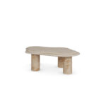 Curved two-level travertine coffee table with poplar root cylindrical legs, Maelis by Nolita Harbour.