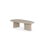 Oval travertine coffee table with two vertical slab legs and subtle brass accents, Landi by Nolita Harbour.