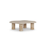 Curved two-level travertine coffee table with poplar root cylindrical legs, Maelis by Nolita Harbour.