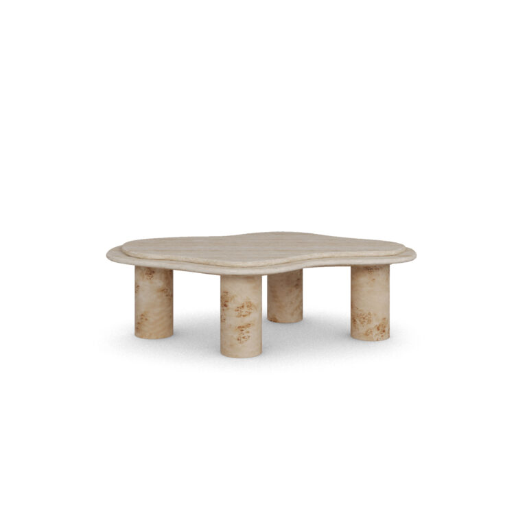Curved two-level travertine coffee table with poplar root cylindrical legs, Maelis by Nolita Harbour.