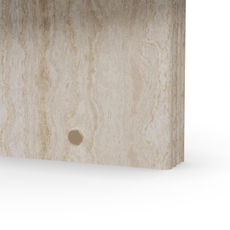 Oval travertine coffee table with two vertical slab legs and subtle brass accents, Landi by Nolita Harbour.