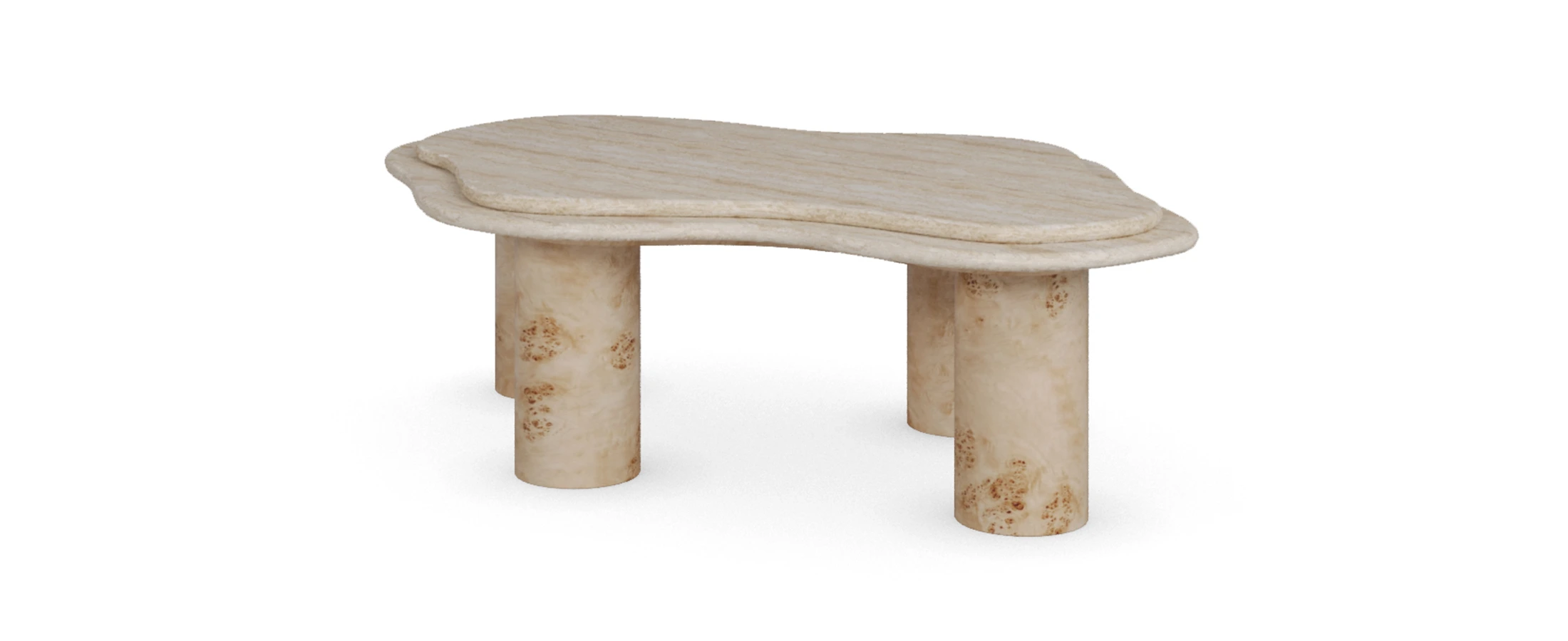 The Maelis Coffee Table is a sculptural celebration of material and form. Its organic silhouette is brought to life through two layered travertine tops, gently curved to mirror natural movement and subtle asymmetry. Resting on four cylindrical legs crafted from richly figured poplar root, Maelis achieves a harmonious contrast between the soft, mineral textures of stone and the warm, expressive grain of wood. This piece effortlessly commands attention while remaining grounded and serene. Whether placed in a contemporary living space or layered into a more eclectic setting, the Maelis Coffee Table offers both functionality and timeless design. A tactile, nature-driven composition made for those who appreciate craftsmanship and quiet statement pieces.