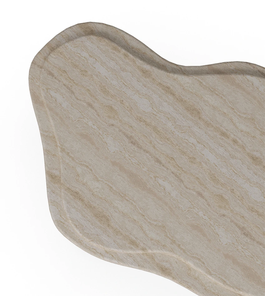 The Maelis Coffee Table is a sculptural celebration of material and form. Its organic silhouette is brought to life through two layered travertine tops, gently curved to mirror natural movement and subtle asymmetry. Resting on four cylindrical legs crafted from richly figured poplar root, Maelis achieves a harmonious contrast between the soft, mineral textures of stone and the warm, expressive grain of wood. This piece effortlessly commands attention while remaining grounded and serene. Whether placed in a contemporary living space or layered into a more eclectic setting, the Maelis Coffee Table offers both functionality and timeless design. A tactile, nature-driven composition made for those who appreciate craftsmanship and quiet statement pieces.