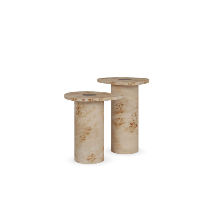 Cylindrical side tables in poplar root wood with round tops, Léora by Nolita Harbour.