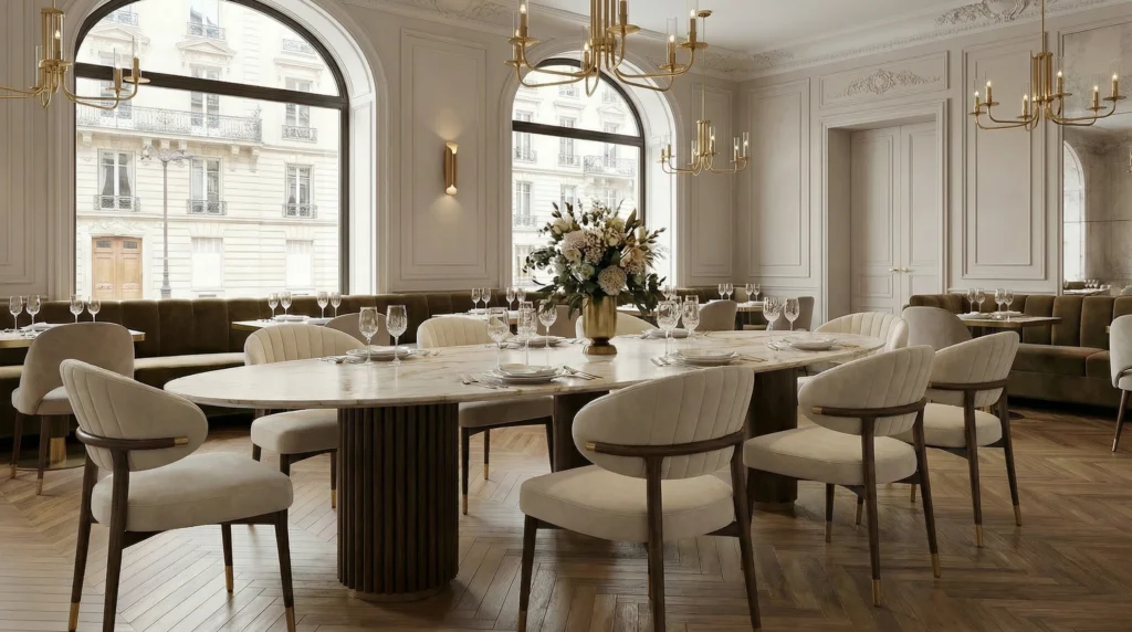 Elegant dining room with a large oval marble table surrounded by upholstered chairs, brass chandeliers overhead, and tall arched windows letting in natural light.