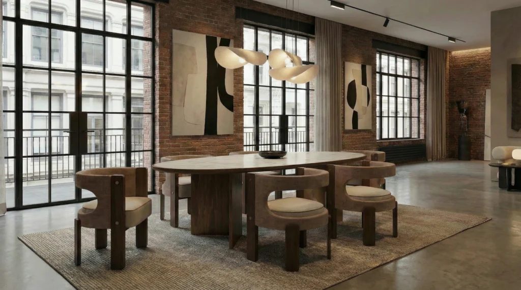 Modern industrial dining area with a round wooden table, chunky upholstered chairs, exposed brick walls, large grid windows, and abstract wall art.