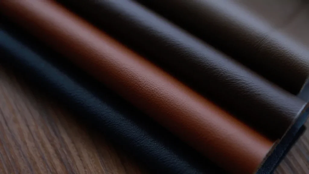 Close-up of premium leather upholstery samples in neutral and warm tones, highlighting texture, durability, and luxury furniture materials used in modern furniture design.