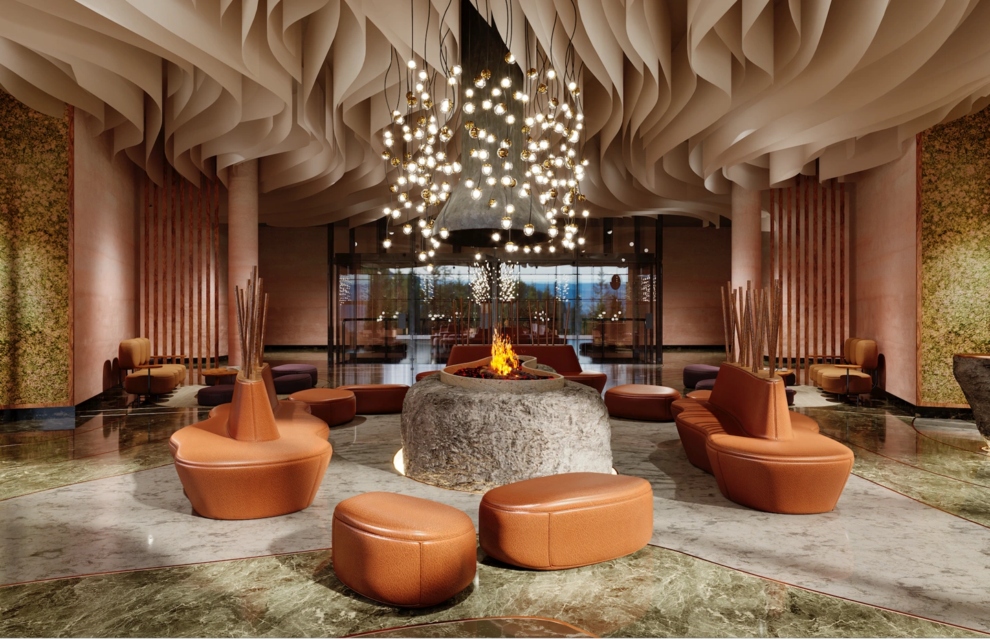 Luxury hotel lobby with sculptural ceiling, central fire feature, and warm leather seating arranged in an intimate, home-like composition.