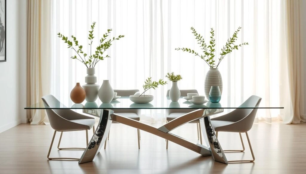 Minimalist dining space featuring a rectangular glass table with sculptural metal legs, modern upholstered chairs, and decorative ceramic vases with greenery.