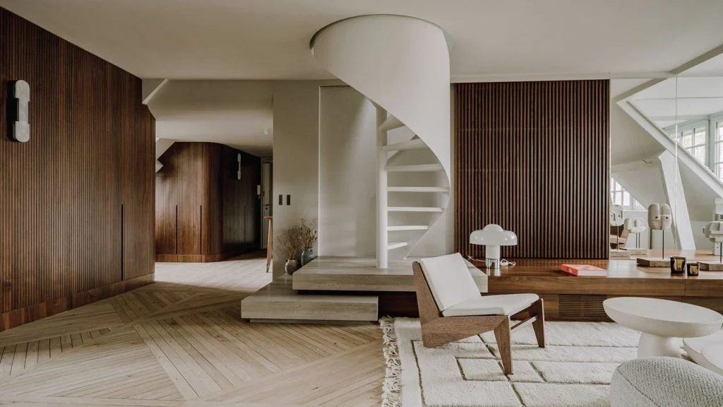 Contemporary luxury residence interior featuring a sculptural spiral staircase, natural wood paneling, and refined modernist furniture.