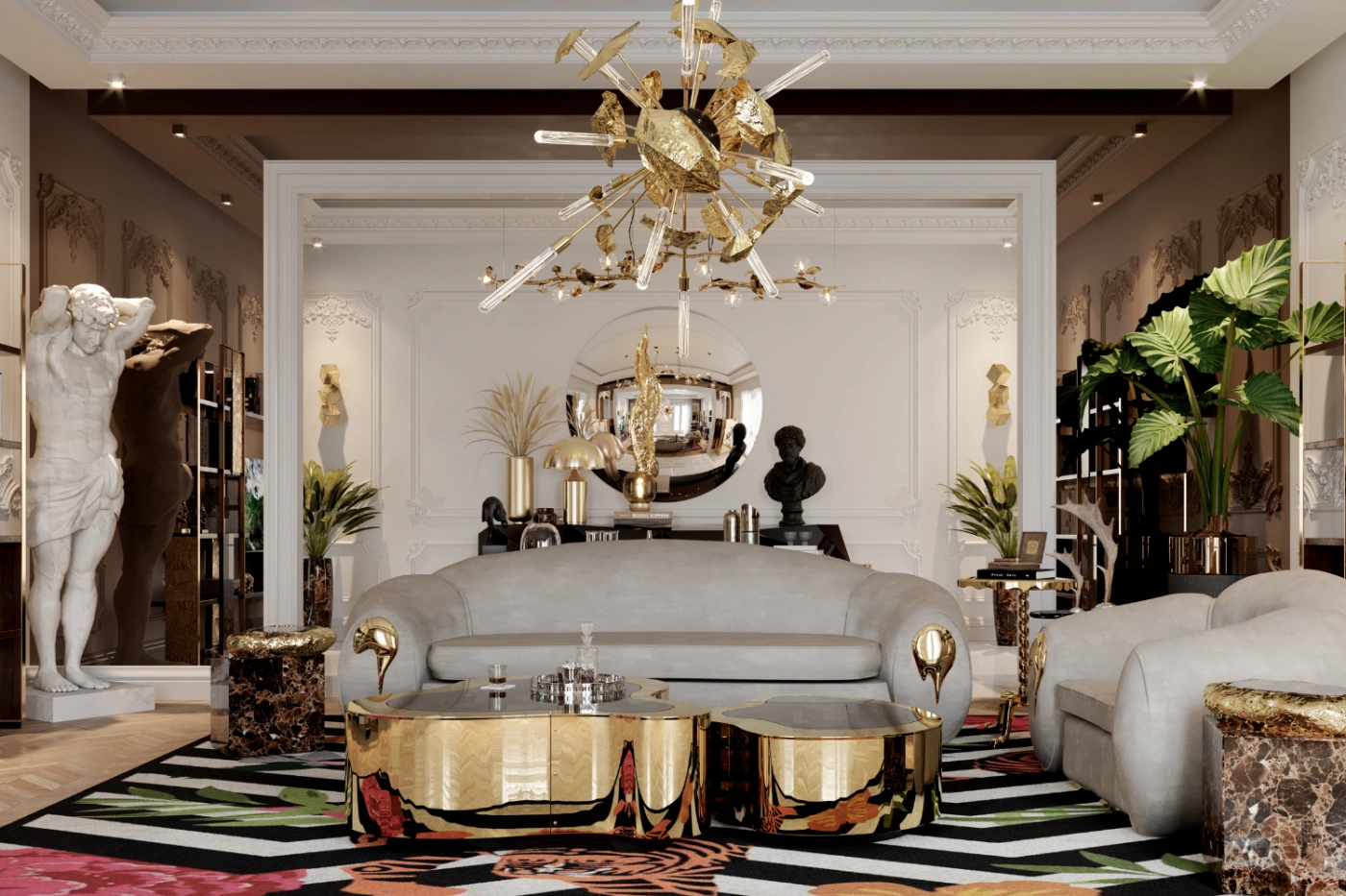 High-end luxury living room with bespoke gold furniture, statement chandelier, and art-inspired décor, showcasing refined international residential interior design.