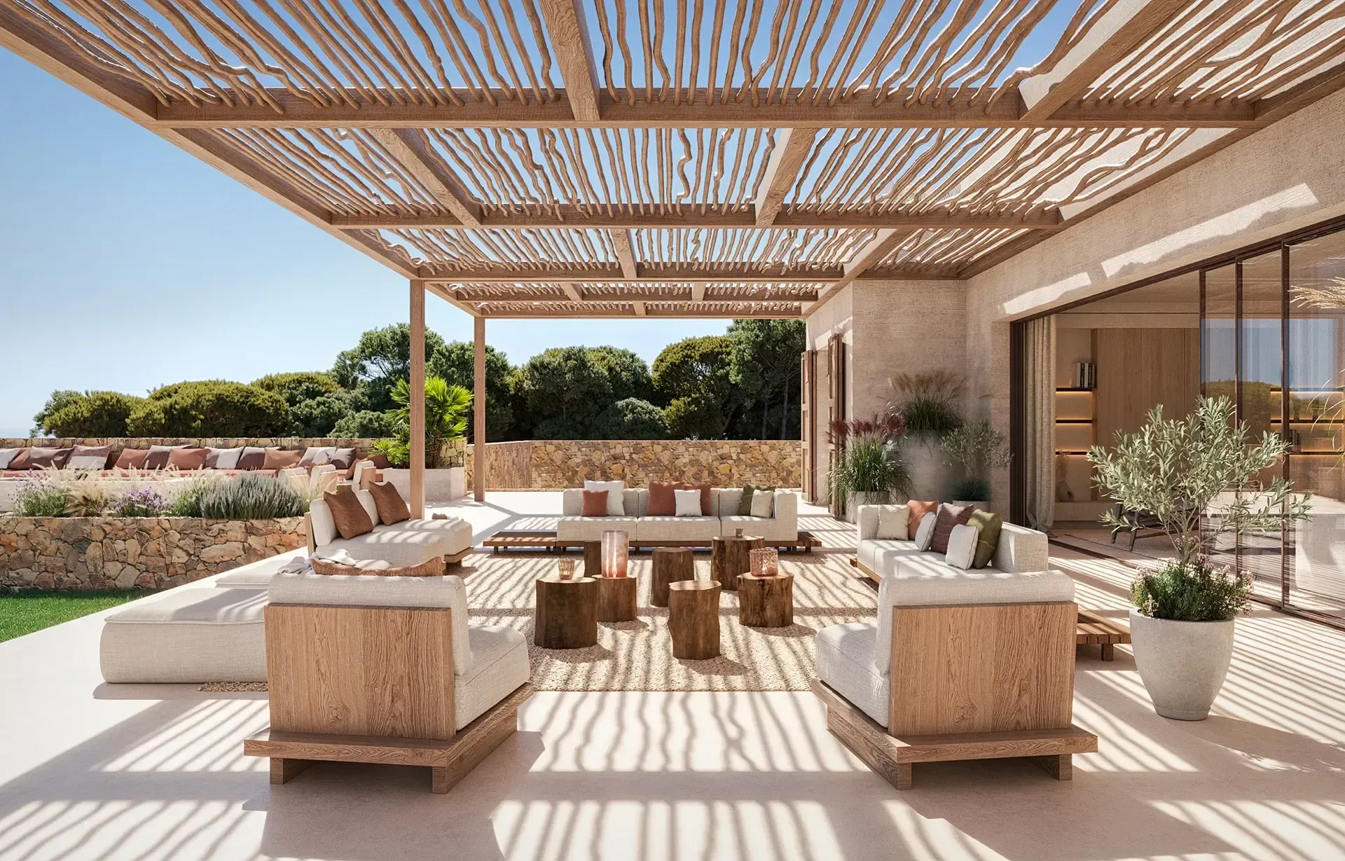 Mediterranean modern architecture expressed through a shaded pergola lounge, natural wood structures, neutral textiles, and refined outdoor living in a Riviera luxury home.