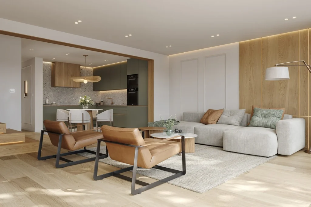 Modern open-plan living area combining textured wood flooring, soft fabric seating, and natural materials to create depth and warmth in contemporary interiors.