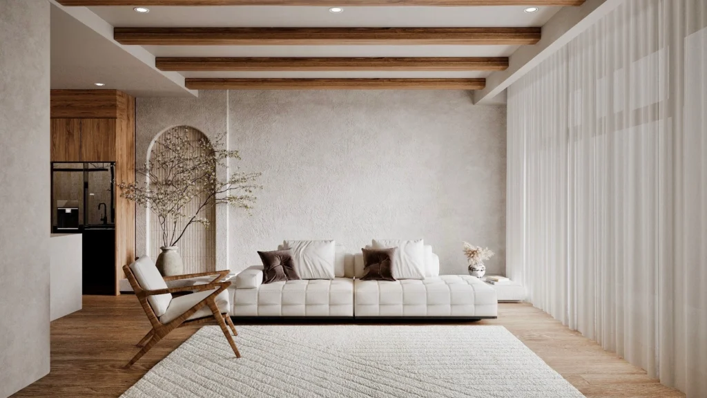 Minimalist luxury home interior showcasing a calm, light-filled living room with architectural symmetry, muted color palette, refined furniture, and understated elegance.