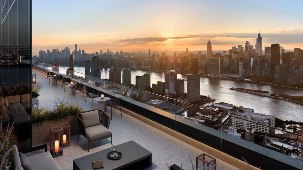 Luxury interior design showcasing Manhattan penthouse interiors with panoramic skyline views and double-height living spaces alongside refined Paris pied-à-terre design in a classic Haussmann apartment, featuring bespoke furniture, natural stone dining tables, artisan-crafted seating, and elegant architectural details blending modern sophistication with historic character.