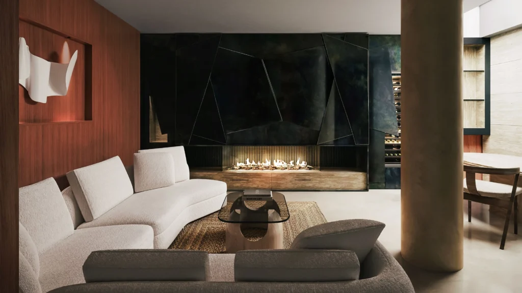 Prestigious Mayfair luxury apartment interiors in London showcasing double-height living rooms with chandeliers, bespoke library shelving, refined master suites with fireplaces, concierge-style lobbies, and spa-inspired onyx marble bathrooms in exclusive luxury properties in London.