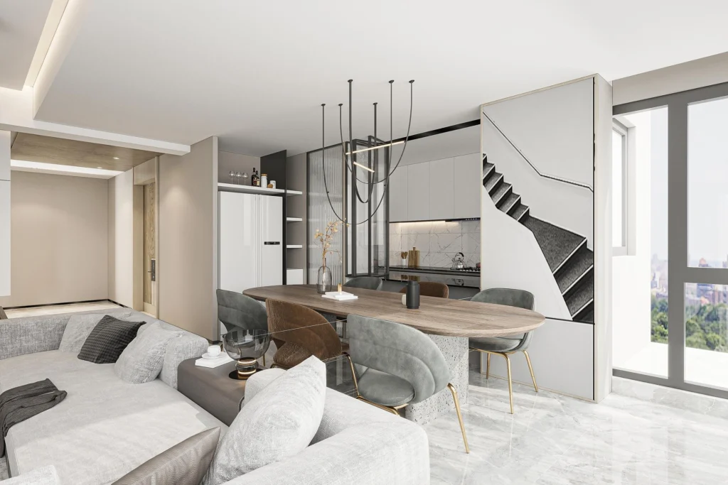 Modern open-plan living interior showcasing distinct zones defined by a floating sofa, large area rugs, statement lighting, and strategic furniture layout connecting lounge, dining, and kitchen areas with cohesive materials and natural light.
