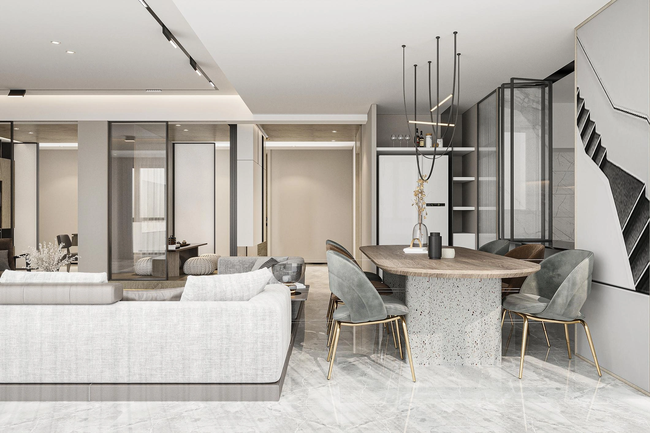 Modern open-plan living interior showcasing distinct zones defined by a floating sofa, large area rugs, statement lighting, and strategic furniture layout connecting lounge, dining, and kitchen areas with cohesive materials and natural light.