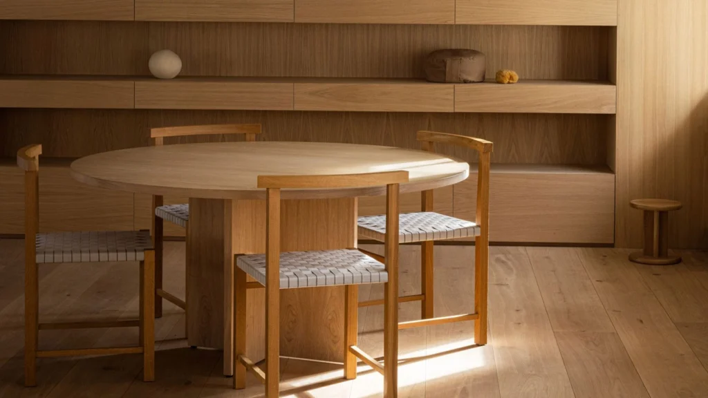 Norm Architects team and selected studio and project interiors showcasing contemporary seating design, minimalist furniture design, and material-driven calm through natural wood, neutral upholstery, and serene architectural settings.