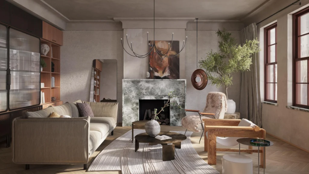 Neutral living rooms showcasing layered neutral interior design with textured linen and bouclé seating, warm wood furniture and paneling, sculptural coffee tables, soft area rugs, marble fireplaces, and refined metal lighting accents—demonstrating depth and dimension in contemporary neutral interiors.