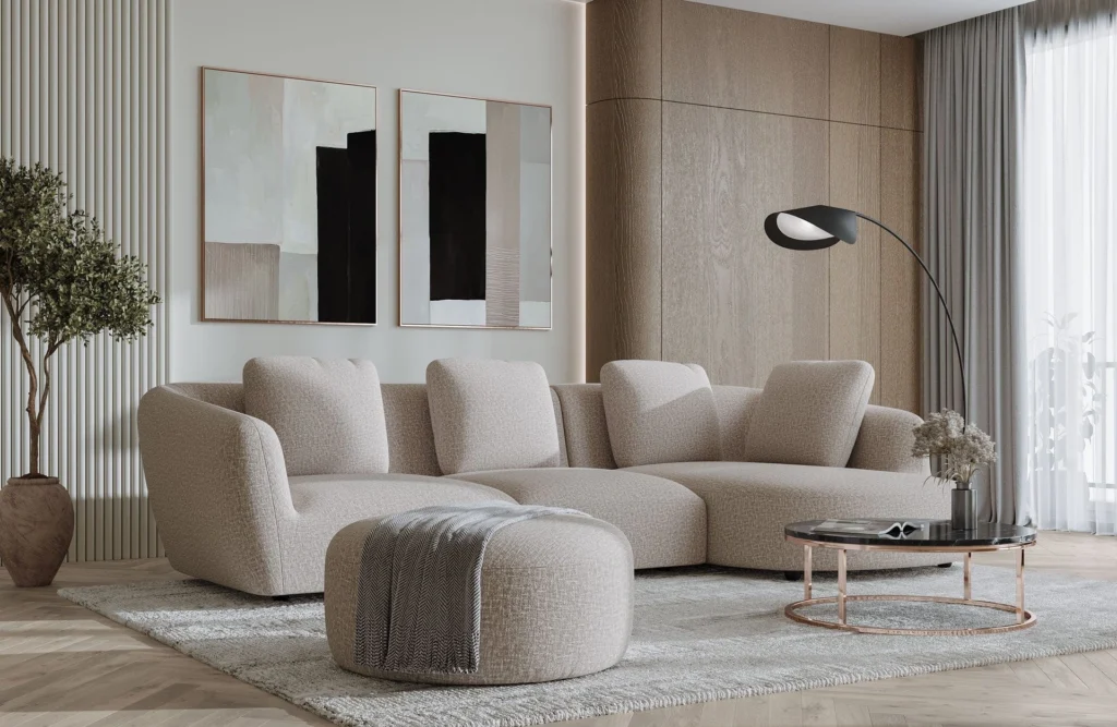 Neutral living rooms showcasing layered neutral interior design with textured linen and bouclé seating, warm wood furniture and paneling, sculptural coffee tables, soft area rugs, marble fireplaces, and refined metal lighting accents—demonstrating depth and dimension in contemporary neutral interiors.