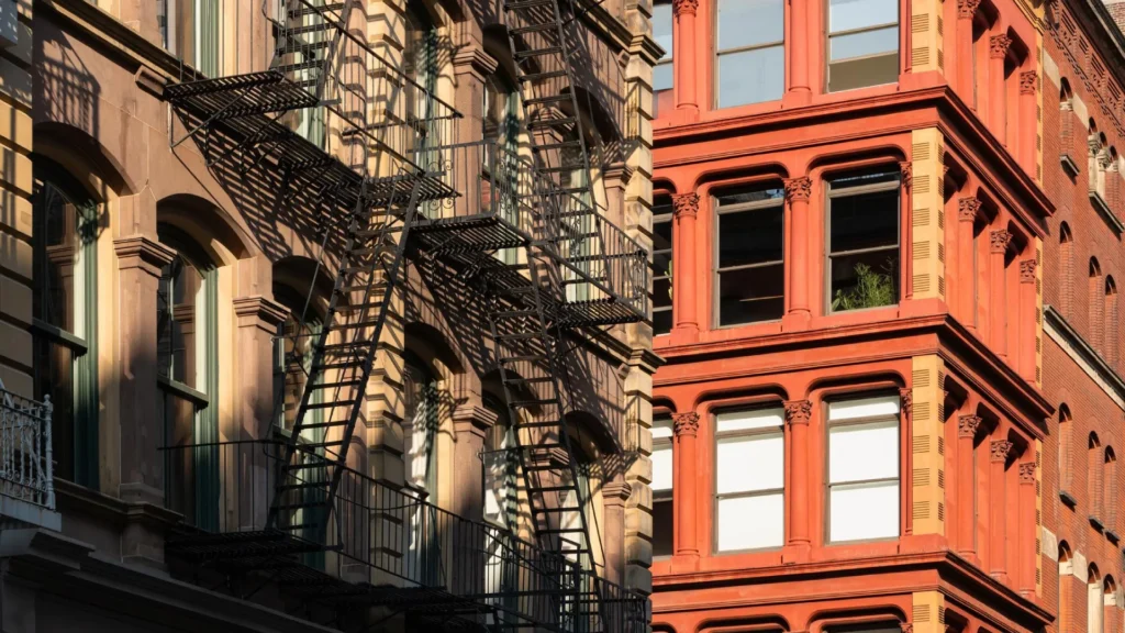 Luxury SoHo loft interior design in a historic New York loft featuring exposed brick walls, cast-iron columns, double-height industrial windows and expansive industrial loft living rooms styled with sculptural modular sofas, plush bouclé and leather seating, oversized area rugs, contemporary art, and warm ambient lighting balancing raw architecture with refined soft furnishings.