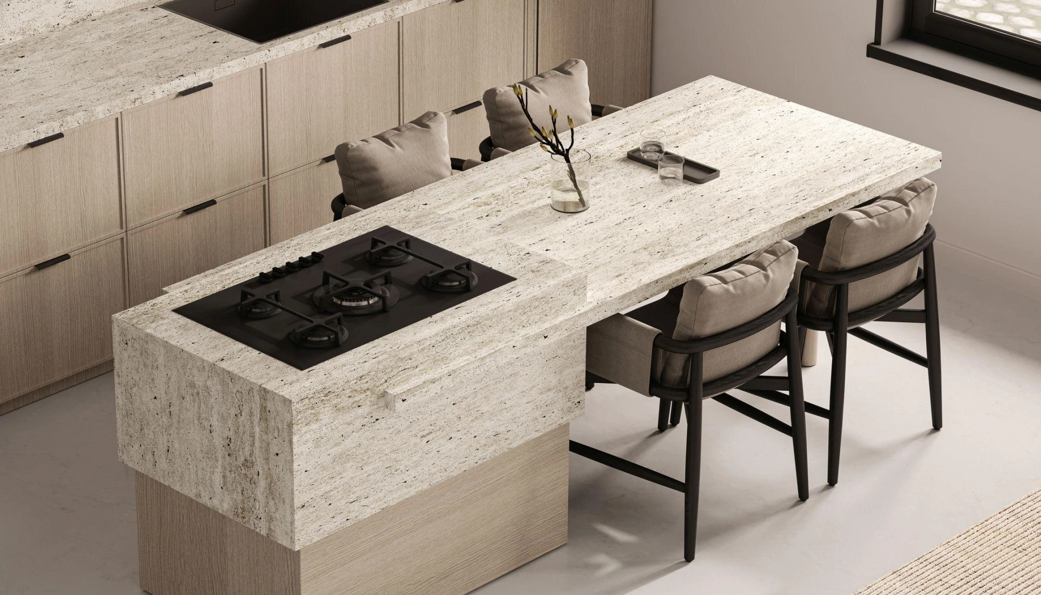 Minimalist kitchen island featuring counter height stools and stone surfaces, illustrating modern bar stools as functional seating for contemporary kitchen islands.