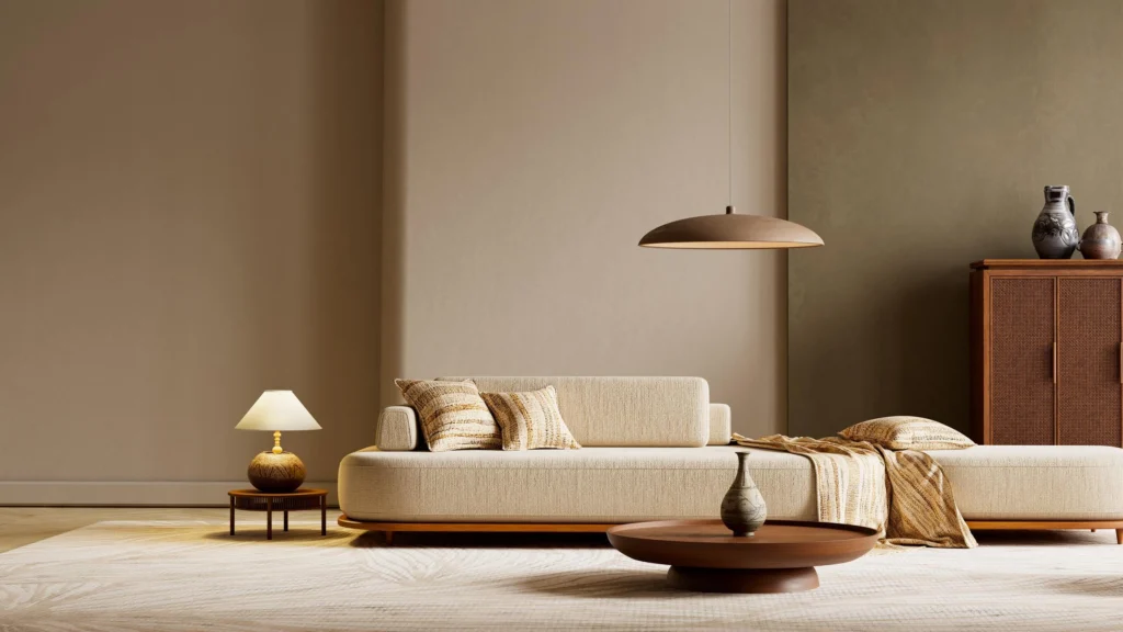 Minimalist living room showcasing organic interior design with natural textiles, handmade wooden furniture, and soft wabi-sabi inspired tones.