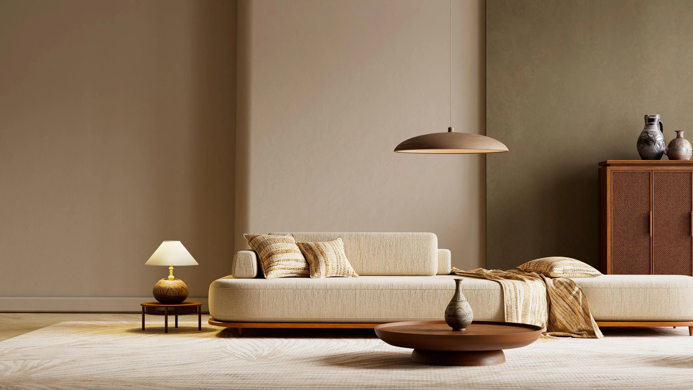 Minimalist living room showcasing organic interior design with natural textiles, handmade wooden furniture, and soft wabi-sabi inspired tones.