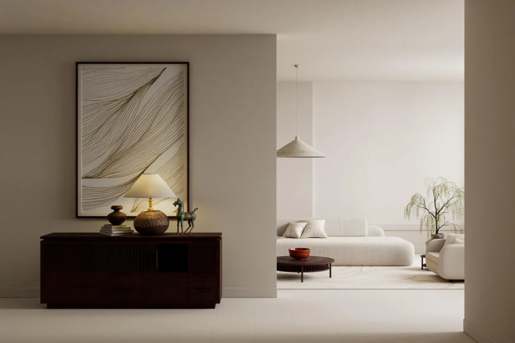 Minimalist living room showcasing organic interior design with natural textiles, handmade wooden furniture, and soft wabi-sabi inspired tones.