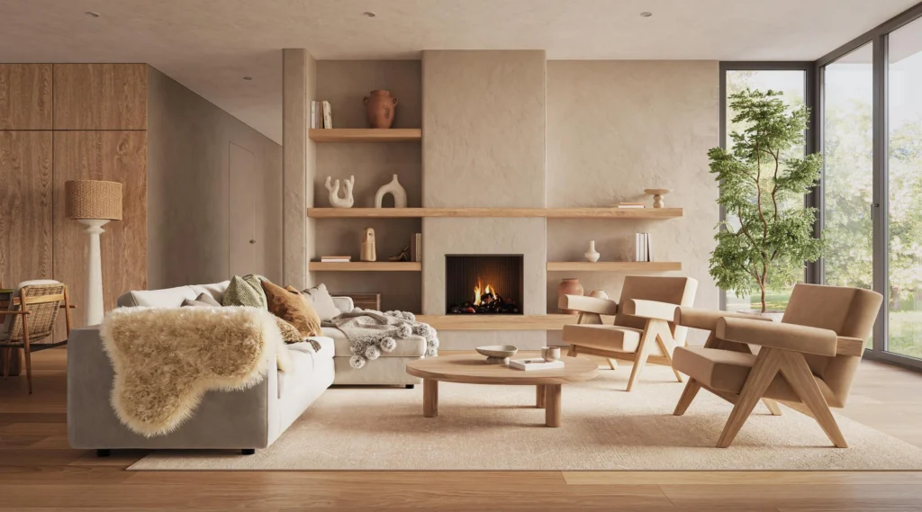 Minimalist living room showcasing organic interior design with natural textiles, handmade wooden furniture, and soft wabi-sabi inspired tones.