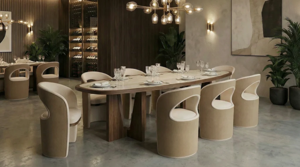 Elegant contemporary dining interiors featuring upholstered dining chairs in neutral and deep tones, sculptural wooden and marble tables, refined lighting, and layered textures that highlight comfort, craftsmanship, and luxury design.